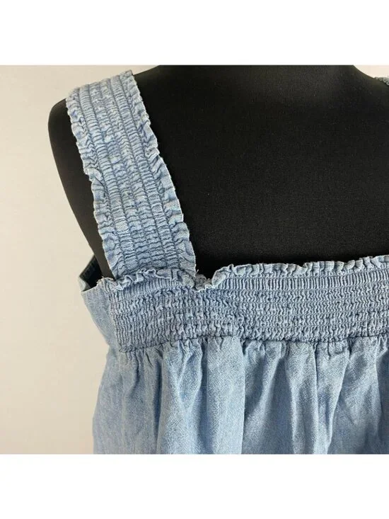 A.N.A Tank Top Womens M Blue Chambray Square Neck Smocked Spring Summer Casual - Picture 3 of 12